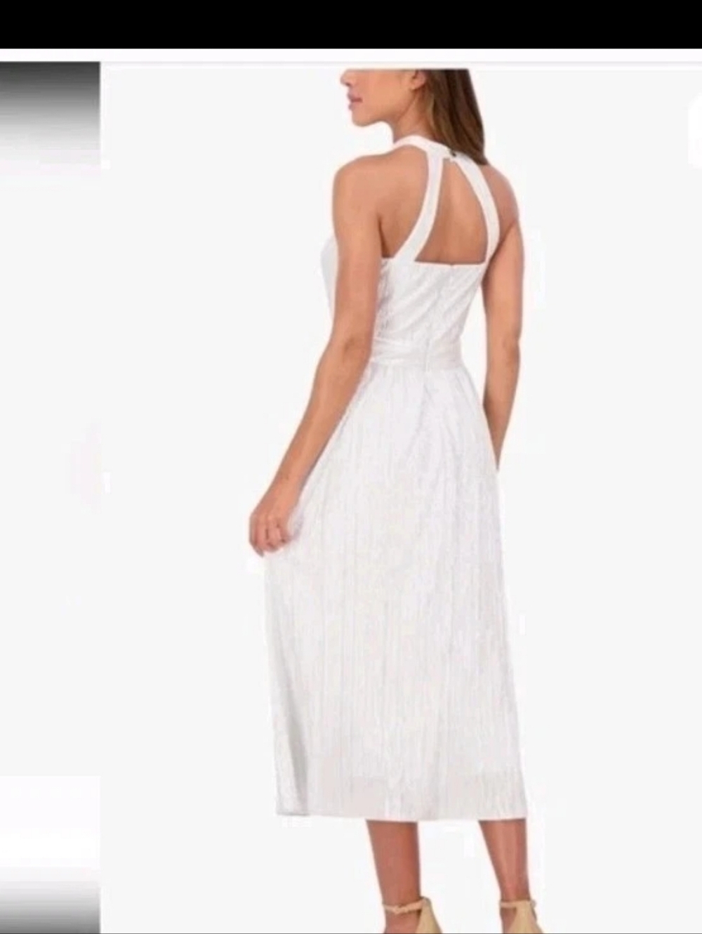 Kensie Silver Metallic Pleated Halter Dress Keyhole Neck Sleeveless Midi Size 16 - Picture 2 of 10